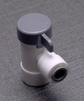 Top Shelf 10 Pack Of 1/4 Inch Push To Connect Ball Valves With Npt Threads And Female Elbow Shutoff Fittings For RO Systems Water Filters Kitchen Plumbing And Drip Irrigation No Sweat Install Guaranteed, grey shutoff valve with push to connect fitting.