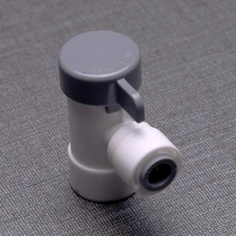 Top Shelf 10 Pack Of 1/4 Inch Push To Connect Ball Valves With Npt Threads And Female Elbow Shutoff Fittings For RO Systems Water Filters Kitchen Plumbing And Drip Irrigation No Sweat Install Guaranteed, grey shutoff valve with push to connect fitting.