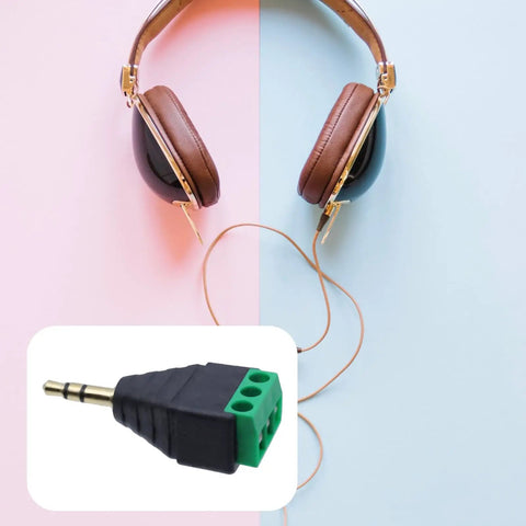 Headphones and insert showing Six Pack 3 Point 5mm Stereo Male To AV 3 Screw Terminal Block Balun Connector With Six Female Terminals DIY.