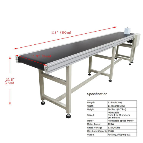 Industrial-Grade Electric PVC Belt Conveyor With Adjustable Speed, Desktop Transport Machine, aluminum frame, side view