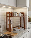 Natural Bamboo Coffee Station Organizer, 2-Tier Wooden Counter Shelf For Bar Gear And Syrup Bottles, Durable Dark Brown Finish on countertop