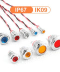 Assorted 12mm LED indicator lights in multiple colors with wires, showcasing IP67 IK09 rating, metal shell, for dashboards.