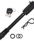 Keyed Trailer Hitch Lock Pin Heavy Duty Five Eighths Inch Diameter With Extra Long Four Point Five Inch Span Double Safety Lock For Three Inch Receivers And Adjustable Channel Mounts Quick Install Keeps Your Tow Setup Locked Down, shown with keys, cotter clip, and O-rings.
