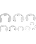 E Clip Washer Kit 120 Piece Stainless Steel M1.5 To M10 External Retaining Rings arranged in rows, various sizes visible.