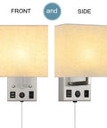 Slick Dual USB Wall Sconces Set For Bedroom Plug In Bedside Lights with fabric shades, USB ports, outlets, front and side view