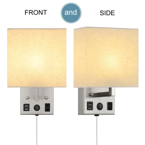 Slick Dual USB Wall Sconces Set For Bedroom Plug In Bedside Lights with fabric shades, USB ports, outlets, front and side view