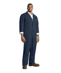 Mens Heavyweight Twill Coveralls Tall Extension Navy Blue Workwear Jumpsuit Featuring Action Back Flex All Day Comfort Built Tough For The Job Site Big And Tall Approved on a model standing.