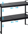 Built Tough Expandable Cabinet Shelf Organizer Set Featuring Adjustable Countertop Storage Rack To Knock Out Clutter And Keep Your Kitchen Stuff Locked In, black steel design.
