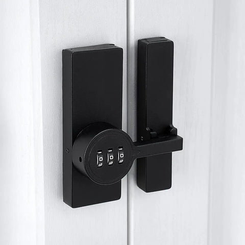 Close-up of 180 Degree Barn Door Lock With 3 Digit Keyless Password, Mechanical Lock, Flip Latch Combo installed on a white door.