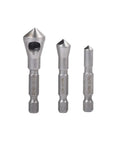 Close-up of Wood Countersink Deburring Tool Set With One Quarter Hex Shank Chamfer Bits Five Sixty Fourths One Eighth Three Sixteenths Set Of 3