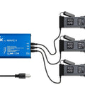 Mavic 4 Pro Drone Battery Charger Hub 5 in 1 Fast Charge Station with three batteries connected, showing charging setup.