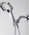 Handheld Shower Head With Hose And Adjustable Arm Mount In Chrome For Ultra Wide Coverage Full Bodied Waterfall Spray on tiled wall