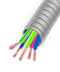 Half Inch Flexible Electrical Conduit Fifty Foot Galvanized Iron with multicolored wires for home and industrial wiring.