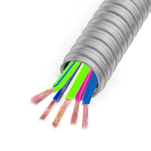 Half Inch Flexible Electrical Conduit Fifty Foot Galvanized Iron with multicolored wires for home and industrial wiring.