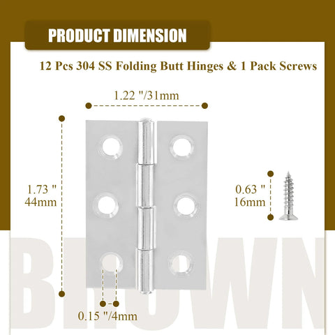 Front view of chrome 2-inch butt hinge; stainless steel 304 SS, 12-pack with screws