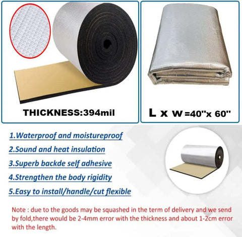 Badass Heavy Duty Heat Shield And Sound Deadening Insulation Mat For Street Car Hood Engine Roof Door Trunk 40 By 60 Inch foam core mat shown rolled and flat.
