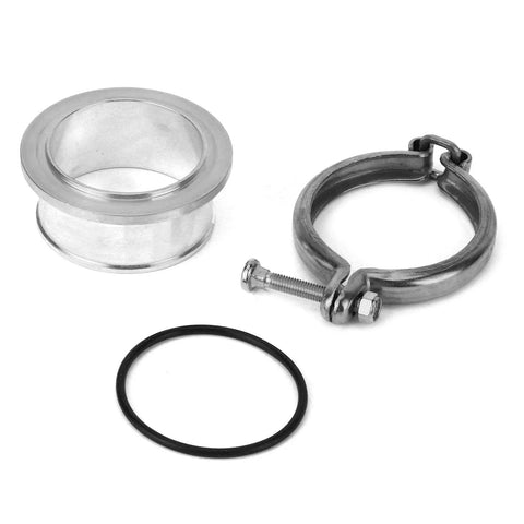 V Band Flange Clamp For Turbo Upgrades Aluminum Fitting For HX35 HX35W HX40W shown with aluminum flange, black O-ring, and clamp