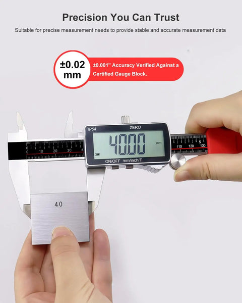 Rechargeable Digital Caliper Six Inch With USB C Charging And Power Indicator 0.01mm Accuracy Pro Grade Performance Large LCD Vernier Caliper IP54 Stainless Steel Metric Inch Fraction For Woodworking And DIY being used to measure an object