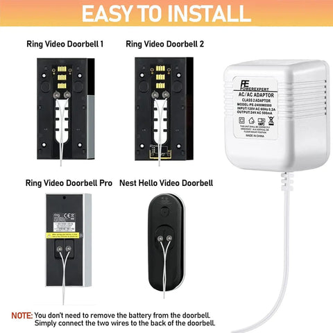 24V Doorbell Transformer with 16.4 Ft C Wire, compatible with Ring and Nest Hello, installation guide, easy wiring.