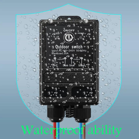Beefy Waterproof Wireless Relay Switch For Outdoor Lighting With Long Range RF Remote, IP65 with water droplets, 30A load visible.