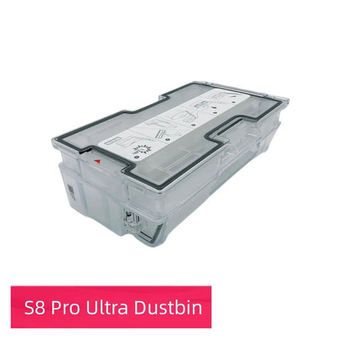 Replacement Dustbin For Roborock S8 Pro Ultra Robot Vacuum Dust Box Storage Container to Collect Dirt Debris and Dust Effortlessly Side view of clear dustbin with instructions.