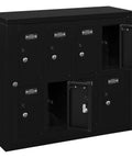 Heavy Duty Two Tier Eight Door Tablet Cell Phone Locker featuring keyed compartments, black metal finish, and open doors for device storage.
