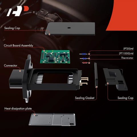 Exploded view of Plug And Play Mass Air Flow Sensor MAF Replacement for Nissan Altima and more, showing components like connector and circuit board.