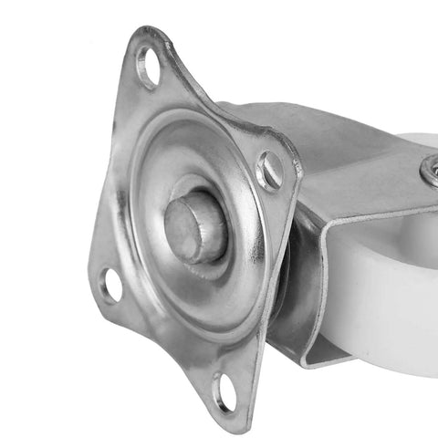 Close-up of Rcniso 10 Pack White PP Universal Casters Wheels showing metal plate and ball bearings for smooth operation.