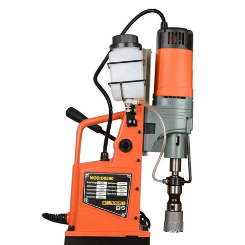 High Power Magnetic Drill for Steel Plate Metalworking With Stable Magnetic Base and Deep Hole Drilling, an industrial tool side view