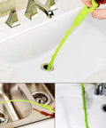 Person using Six Pack Hair Clog Remover For Sink, 24 Inch Tube Drain Cleaning Tool with Claw Grip to clear sink drain.