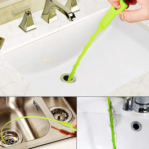 Person using Six Pack Hair Clog Remover For Sink, 24 Inch Tube Drain Cleaning Tool with Claw Grip to clear sink drain.