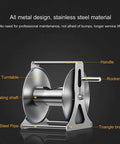 No Fuss Stainless Steel Garden Hose Reel Slick Wall Mounted Retracting Cart With 30 Foot Hose showing all metal design and features.