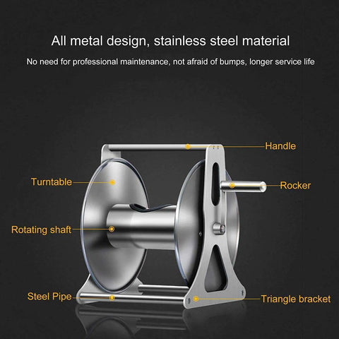 No Fuss Stainless Steel Garden Hose Reel Slick Wall Mounted Retracting Cart With 30 Foot Hose showing all metal design and features.