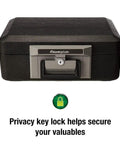 Front view of black fireproof safe box with key lock and carry handle, suitable for securing cash, jewelry, and documents at home, 0.25 cu ft.