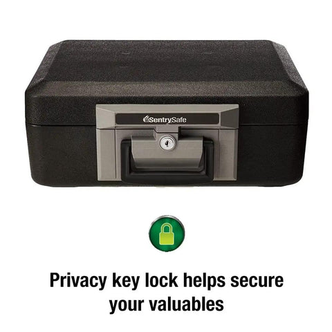 Front view of black fireproof safe box with key lock and carry handle, suitable for securing cash, jewelry, and documents at home, 0.25 cu ft.