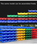 Top Tier Heavy Duty Parts Rack With Garage Storage Bins For Tool Organization And Workshop Supplies Plastic Shop Caddy system in various colors, displaying stacking and assembly options.