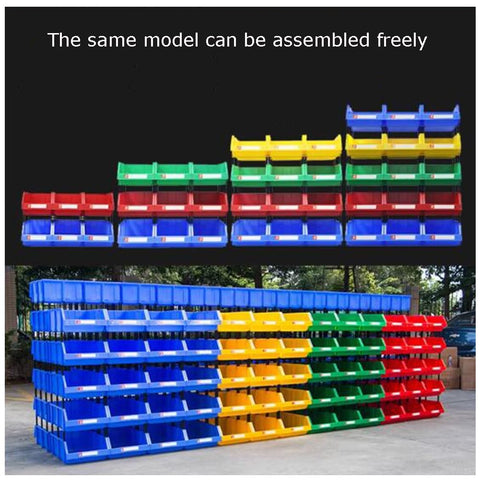 Top Tier Heavy Duty Parts Rack With Garage Storage Bins For Tool Organization And Workshop Supplies Plastic Shop Caddy system in various colors, displaying stacking and assembly options.
