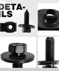 Close-up of black bolt and J clip from 12Pcs Leaf Spring Bracket Mounting Kit With J Clips And Bolts For Classic Camaro Firebird 1967 1981 1969 1979 Nova 1968 Chevy II Includes 6 J Clips And 6 Bolts For Easy Install And Smooth Performance Restoration