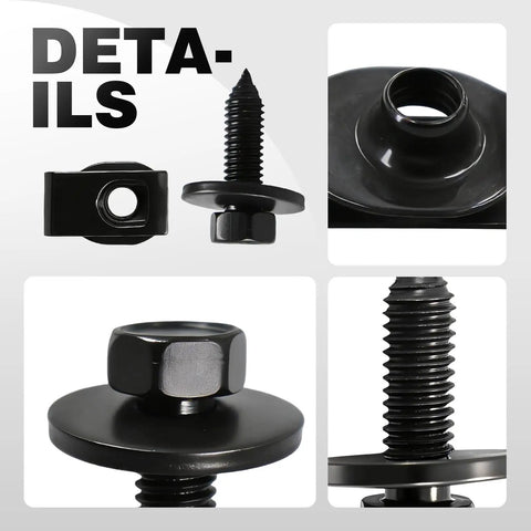 Close-up of black bolt and J clip from 12Pcs Leaf Spring Bracket Mounting Kit With J Clips And Bolts For Classic Camaro Firebird 1967 1981 1969 1979 Nova 1968 Chevy II Includes 6 J Clips And 6 Bolts For Easy Install And Smooth Performance Restoration