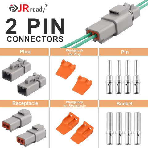Waterproof DTP 2 Pin Connector Kit for 12 to 14 AWG Wire, Solid Size 12 Contacts, Durable PA66 Nylon for automotive use