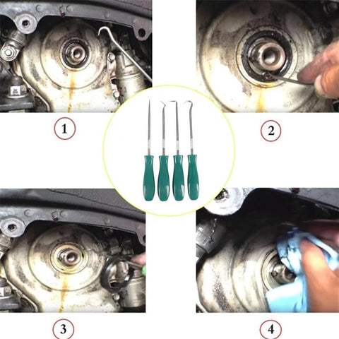 Oil seal puller kit, 4 green-handled extractors for removing seals and gaskets in automotive housings