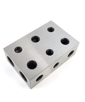 Front view of 1-2-3 precision block, hardened steel, 11-hole universal block, silver