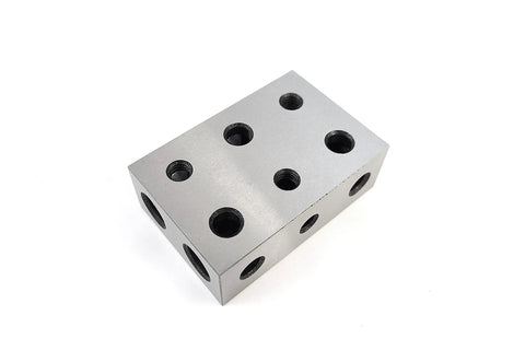 Front view of 1-2-3 precision block, hardened steel, 11-hole universal block, silver