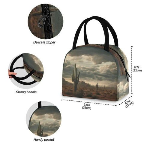 Desert Cactus Insulated Lunch Bag For Women And Men With Fashion Print featuring strong handles, delicate zipper, and handy pocket.