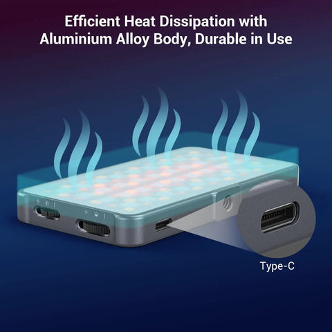 Efficient heat dissipation of RGB Video Light P96L Portable Metal LED Camera Light with Type-C port and aluminum alloy body