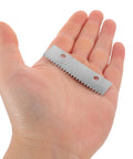 Replacement Tape Dispenser Blades 10 Pack For Tape Guns Serrated Steel Cutter 2.4 By 0.7 Inches Easy Swap And Safe Design Pro Grade Spare Parts For Office Warehouse And Industrial Use, stainless steel blade in hand