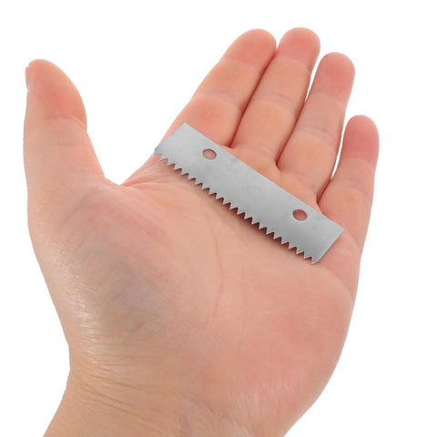 Replacement Tape Dispenser Blades 10 Pack For Tape Guns Serrated Steel Cutter 2.4 By 0.7 Inches Easy Swap And Safe Design Pro Grade Spare Parts For Office Warehouse And Industrial Use, stainless steel blade in hand