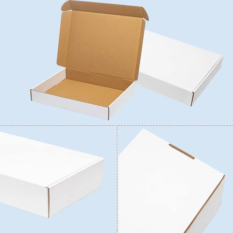 White Corrugated Shipping Boxes 17x11x2 Inches 20 Pack For Small Biz Lightweight Yet Heavy Duty Three Layer Mailers open and closed view