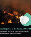 Image of KF94 Micro Dust Protection Face Mask White Small Premium Korean Go To Everyday Wear With 99 Percent Filtration And All Day Breathable Comfort Individually Packaged Made In South Korea, in front of a wildfire background.