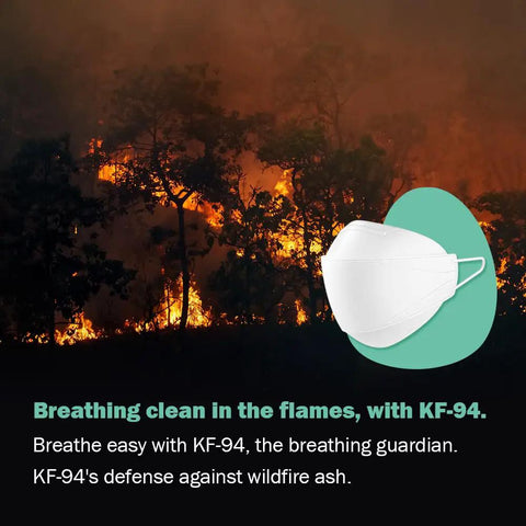 Image of KF94 Micro Dust Protection Face Mask White Small Premium Korean Go To Everyday Wear With 99 Percent Filtration And All Day Breathable Comfort Individually Packaged Made In South Korea, in front of a wildfire background.